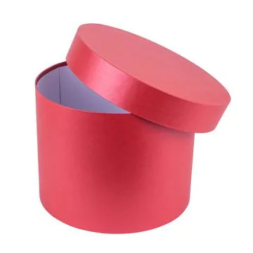 Open red, gift box, round shape made of cardboard Stock Photos