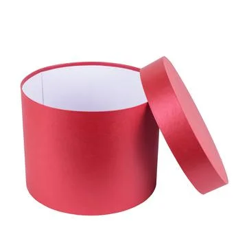 Open red, gift box, round shape made of cardboard Stock Photos