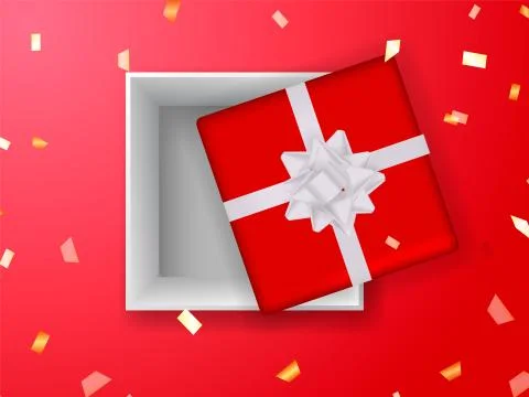 Open red Gift box with silver bow. Vector stock illustration for poster Stock Illustration