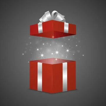 Open Red Gift Box with White Ribbon and Sparkling Magic Light, Vector Stock Illustration