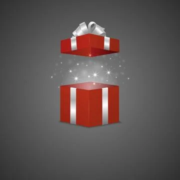 Open Red Gift Box with White Ribbon, Sparkling Magic Light and Reflection Stock Illustration