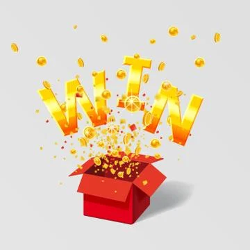 Open red Gift box WIN gold text with coins and confetti explosion inside. Flying Stock Illustration