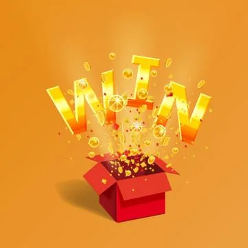 Open red Gift box WIN gold text with coins and confetti explosion inside. Flying Stock Illustration