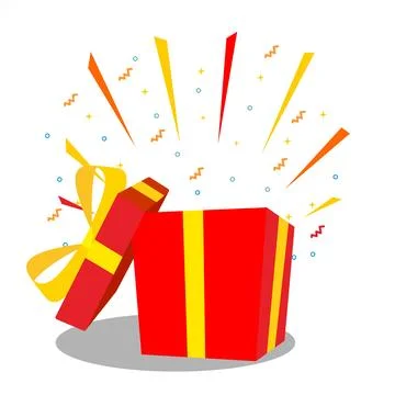 Open red gift box with yellow ribbon and party decoration 库存插图