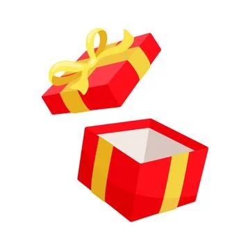 Open red gift box with yellow ribbon floating in the air Stock Illustration