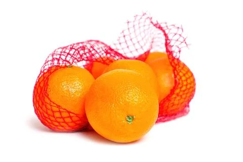Open Red Mesh Bag with Fresh Oranges on White 스톡 사진