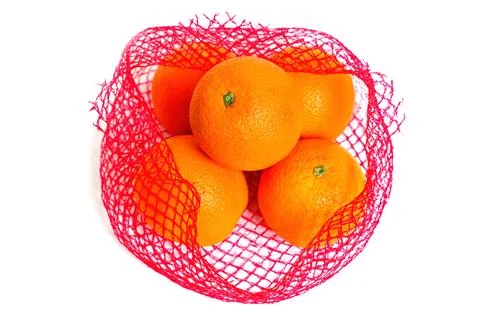 Open Red Mesh Bag of Fresh Juicy Oranges on White Stock-Fotos