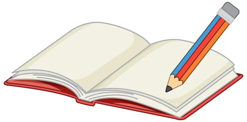 Open Red Notebook with a Multicolored Pencil on White Background Stock Illustration