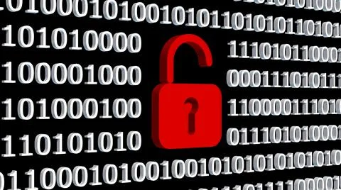 Open red padlock integrated into a binary code screen made of white digits Illustrazione stock