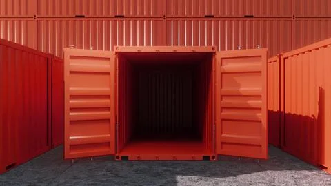 Open red shipping container in a storage yard with other containers Ilustración de archivo