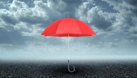 An open red umbrella with a black handle vertically placed above dark grey Stock Illustration