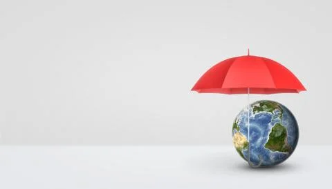 An open red umbrella standing vertically on the handle and keeping safe a small Stock Illustration