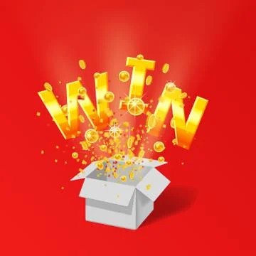 Open red White box WIN gold text with coins and confetti explosion inside Stock Illustration