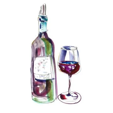 Open red wine bottle and glass ink and watercolor illustration. Isolated on Stock Illustration