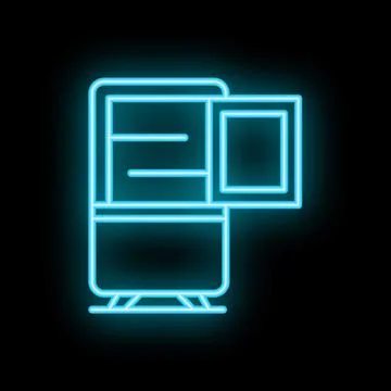 Open refrigerator with empty shelves neon sign on black background Stockillustratie