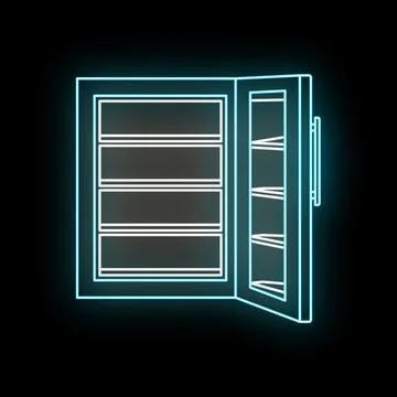 Open refrigerator neon light glowing dark background Illustrazione stock
