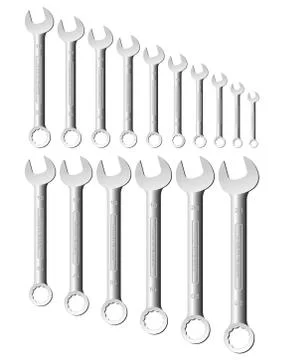 Open ring combined metric wrenches or spanners. From 6mm to 21mm Stock Illustration