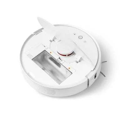 Open robot vacuum cleaner with garbage container Stock Photos