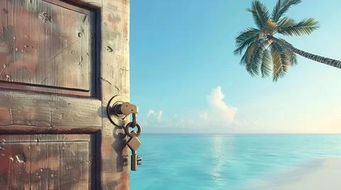 Open rustic door with keys reveals a breathtaking view of the ocean and a s.. Foto stock