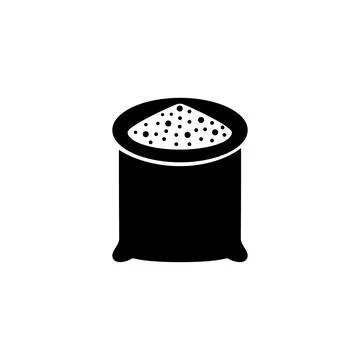 Open sack with pile grain. Vector black glyph icon isolated on white. Stock Illustration