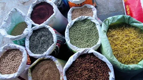 Open sacks of diverse Indian pulses and grains captured in a vibrant market disp Stock Footage 345970424