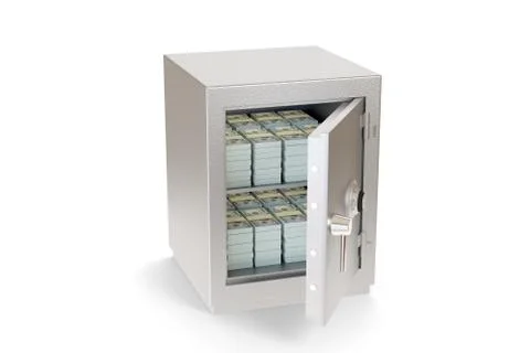 Open safe box full of wad of 100 dollar bills isolated on a white background. イラスト素材