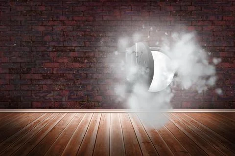 Open safe in dust cloud on brick lined wall Stock Photos