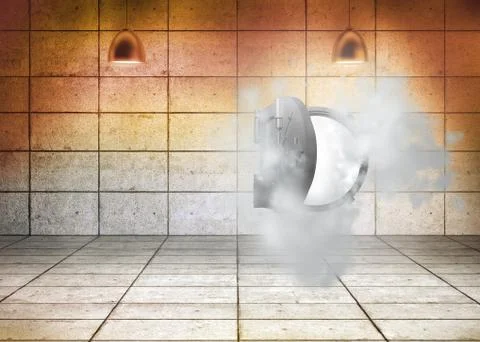 Open safe in dust cloud in grey room Stock Illustration