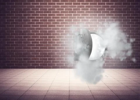 Open safe in dust cloud in grey room Stock Illustration