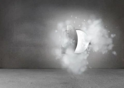 Open safe in dust cloud on grey wall Stock Illustration