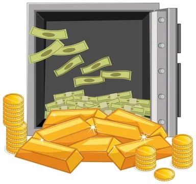 Open Safe Filled With Gold Bars and Cash Stock Illustration