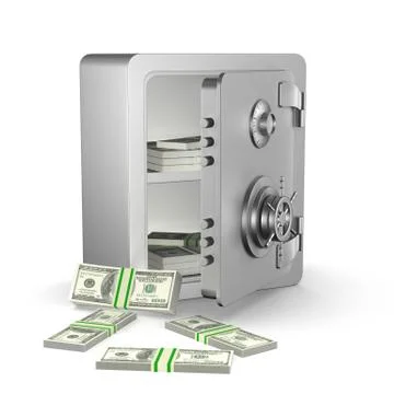 Open safe with money on white background. Isolated 3D illustration Stockillustratie