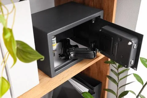 Open safe with pistol, bullets and money on shelf at home, closeup Stock Photos