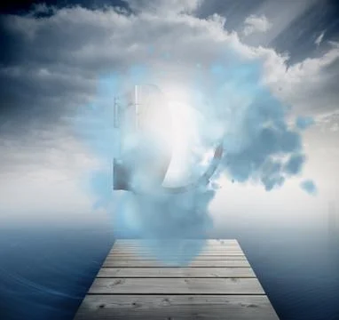 Open safe in sky over ocean Illustrazione stock