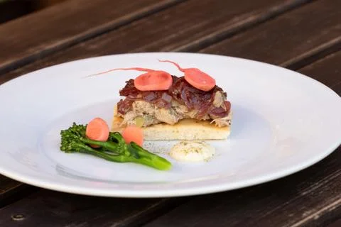 Open sandwich with pulled Pork on white bread Stock Photos