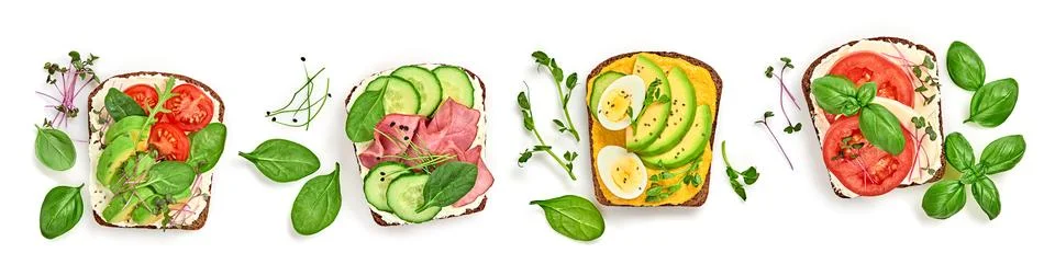 Open sandwiches with vegetables, tomato, mozzarella, ham cutout minimal iso.. Stock Photos