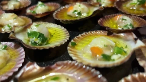 Open scallops in the kitchen Stock Footage 221100747