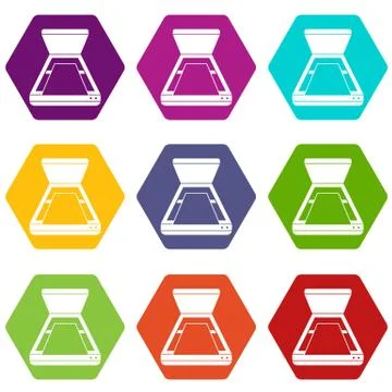 Open scanner icon set color hexahedron Stock Illustration