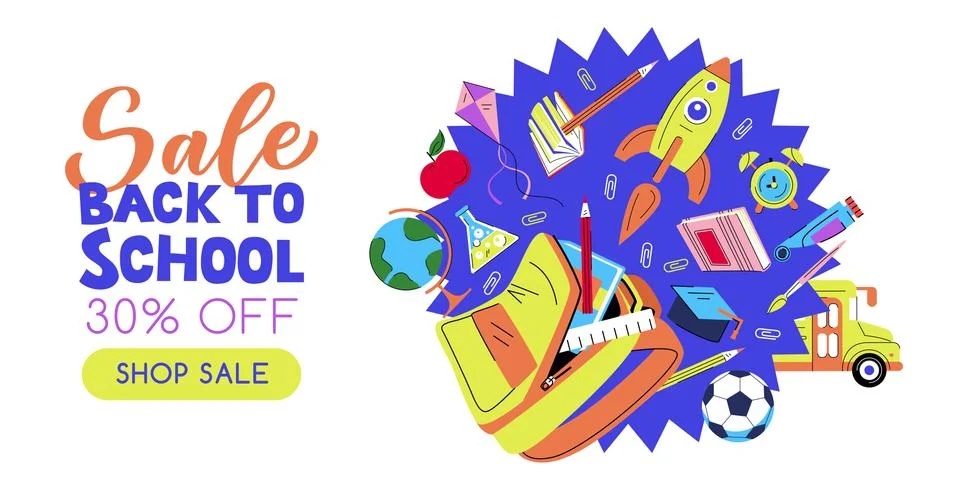Open school backpack, rocket, books, pencils. Vector cartoon illustration for Stock Illustration