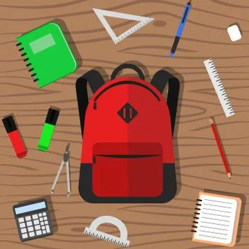 Open school backpack with school supplies in it flat vector. Stock Illustration