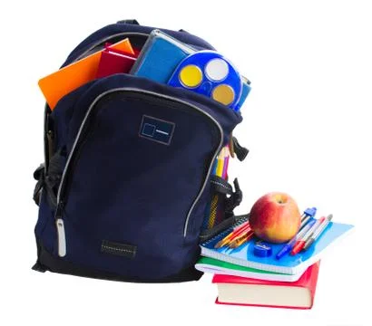 Open school backpack with stationery Stock Photos
