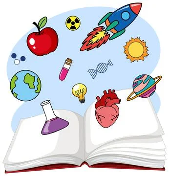 Open Science Book with Educational Icons and Illustrations Stock Illustration