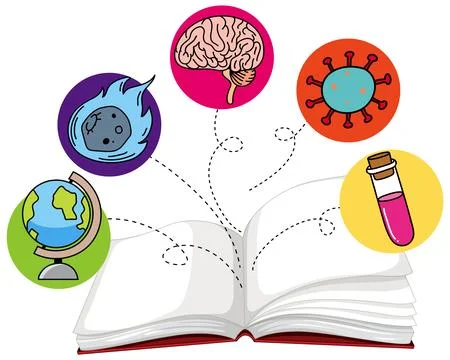 Open Science Book with Educational Icons and Concepts Stock Illustration