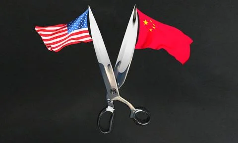 Open Scissors with USA and China flags flying in opposite directions Stock Illustration