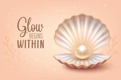 Open Seashell with Shiny Pearl, Vector Illustration. Realistic Pearl Shell イラスト素材