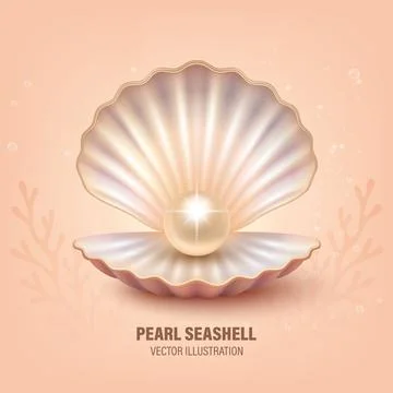 Open Seashell with Shiny Pearl, Vector Illustration. Realistic Pearl Shell Stock Illustration