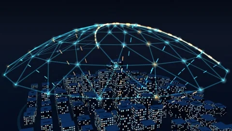 Open sensor canopy arching over a lit night city with one side left broken so Stock Footage 341072246