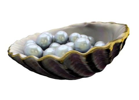 Open shell with white pearls isolated. Beautiful half of clam shell and pearls Stock Illustration
