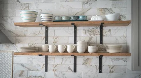 Open Shelves in Kitchen Stock Photos