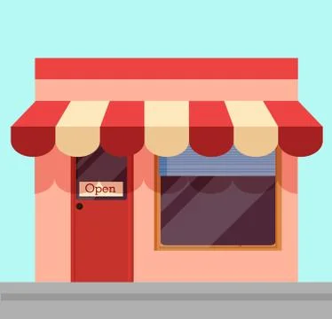 Open shop illustration. Cartoon shopping kiosk with white and red awning open to Stock Illustration